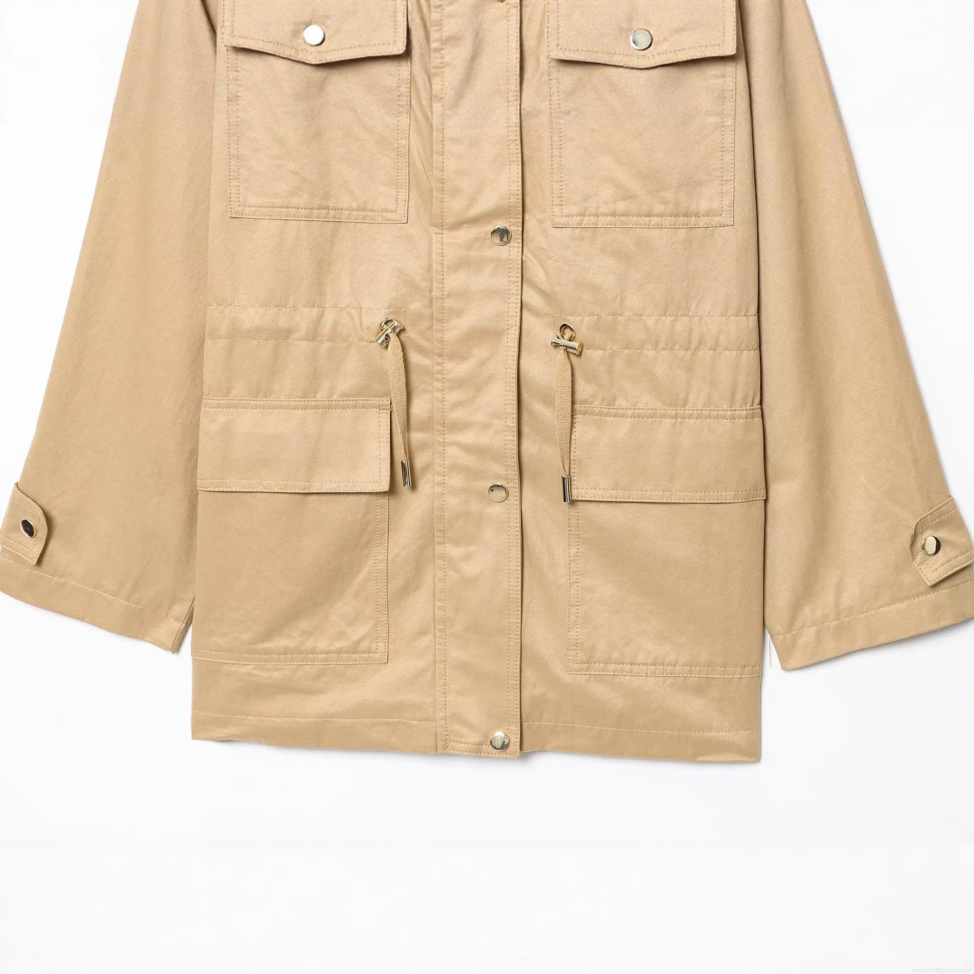 Women's Khaki Hooded Utility Jacket Casual Drawstring Waist Multi Cargo Pocket Polyester Windbreaker Coat Outwear For Spring Autumn Women