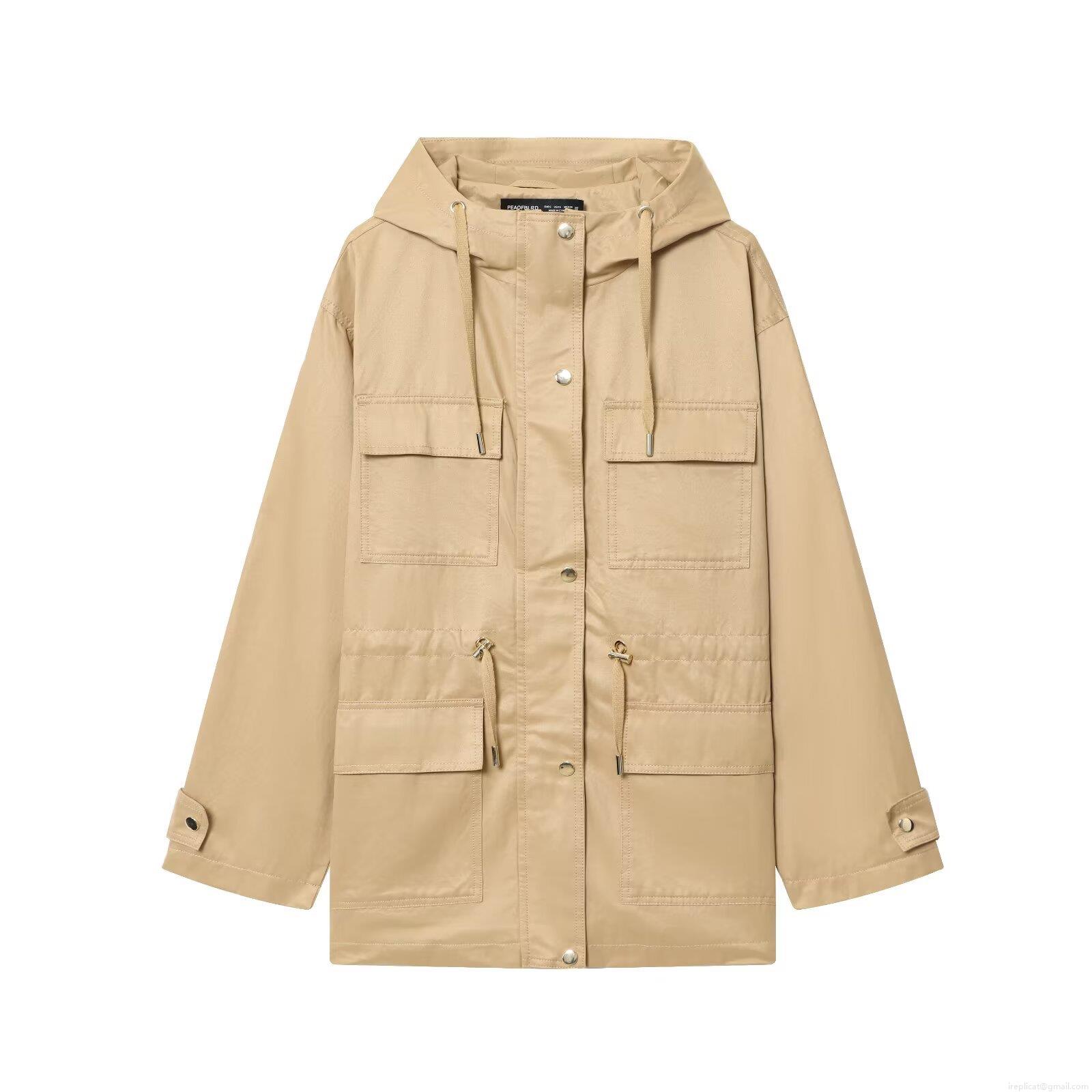 Women's Khaki Hooded Utility Jacket Casual Drawstring Waist Multi Cargo Pocket Polyester Windbreaker Coat Outwear For Spring Autumn Women