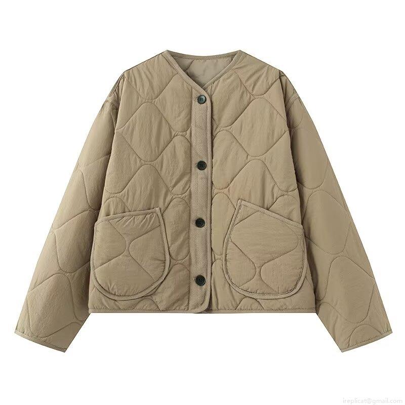 Women's Fashion Quilted Puffer Jacket Round Neck Long Sleeve Warm Lightweight Cotton Padded Outerwear With Pockets Solid Color Vintage Casual Button Down Coat For Women