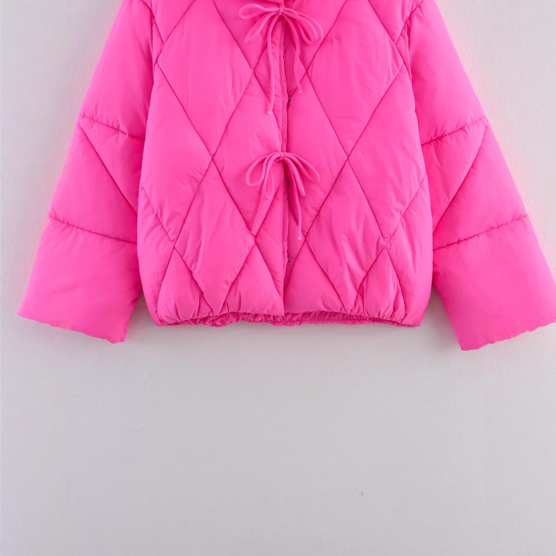 Women's Magenta Quilted Padded Jacket Casual Diamond Lattice Puffer Coat With Ribbon Bow Ties Stand Collar Winter Warm Outerwear For Women Retro Style