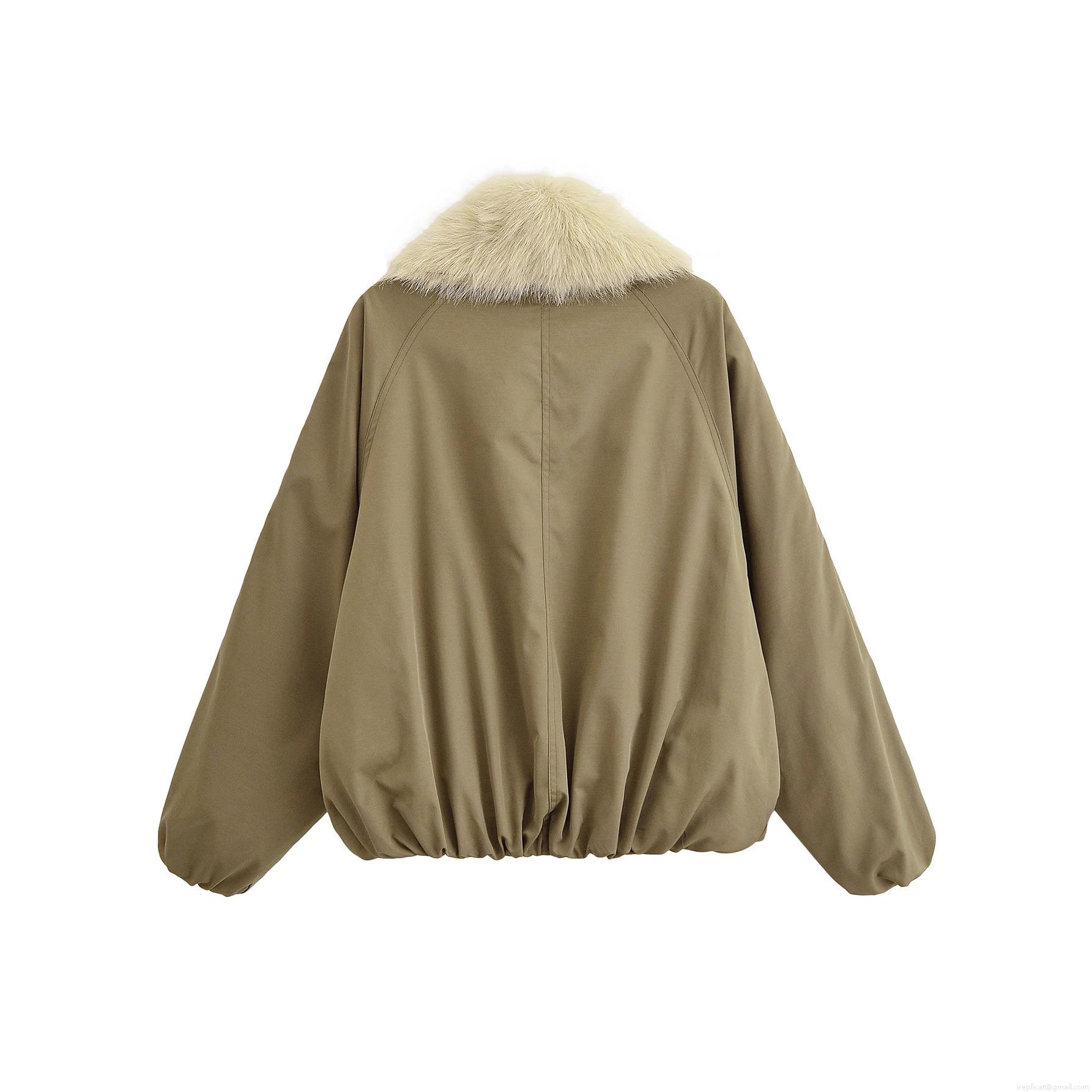 Women's Fashion Padded Jacket With Faux Fur Collar Horn Buckle Short Loose Khaki Cotton Coat For Autumn Winter Casual Warm Outerwear