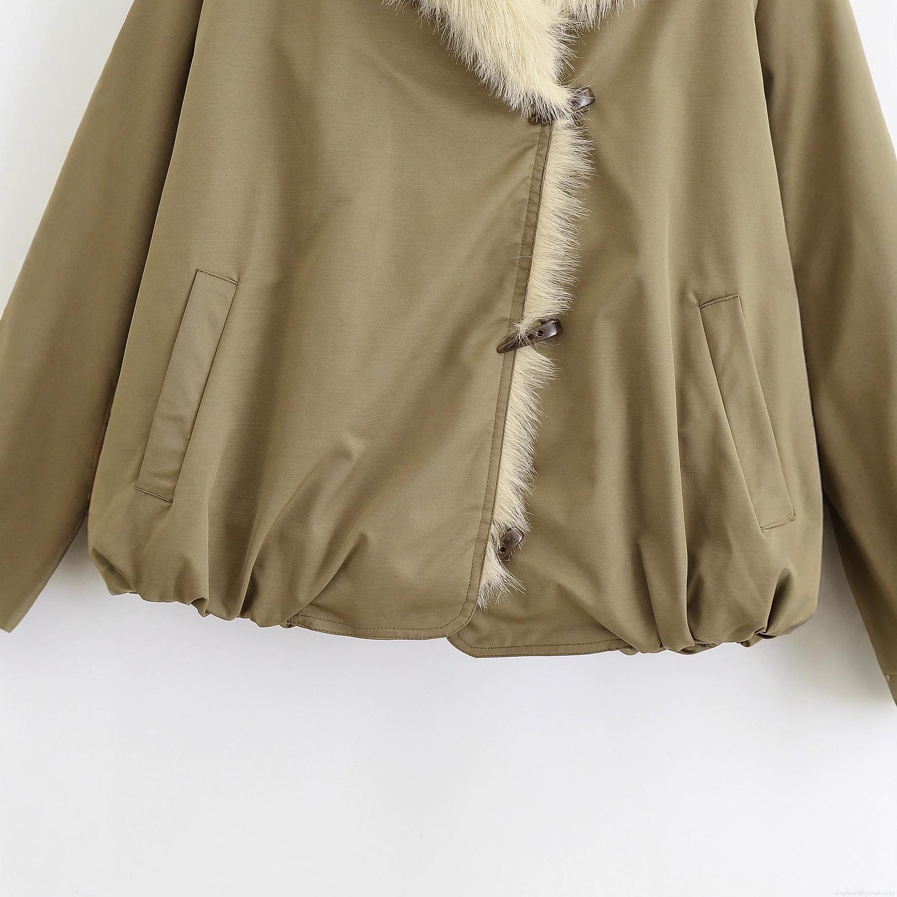 Women's Fashion Padded Jacket With Faux Fur Collar Horn Buckle Short Loose Khaki Cotton Coat For Autumn Winter Casual Warm Outerwear