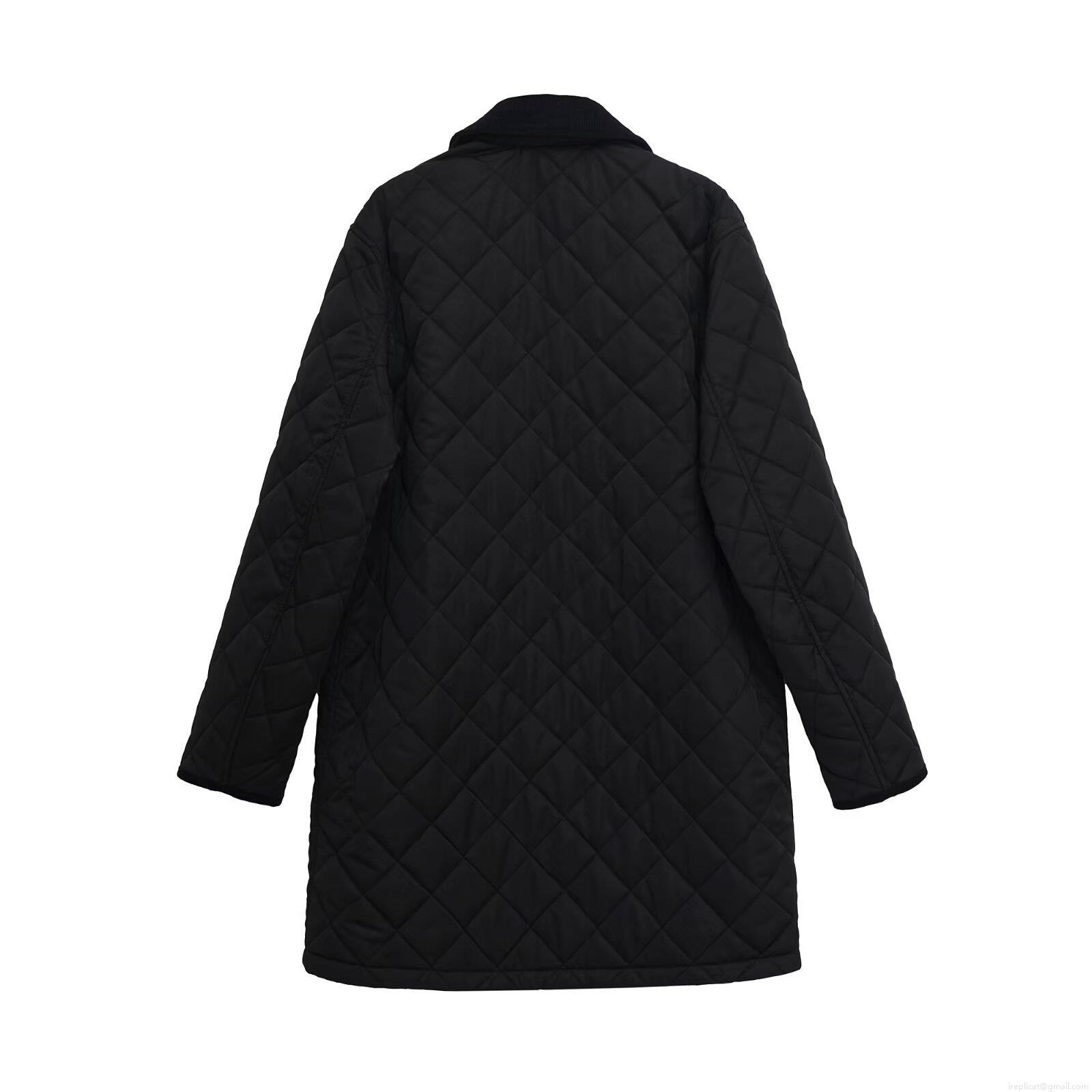 Women's Vintage Diamond Quilted Cotton Jacket Polyester Long Sleeve Lapel Coat With Large Pockets Casual Puffer Outwear For Autumn Winter