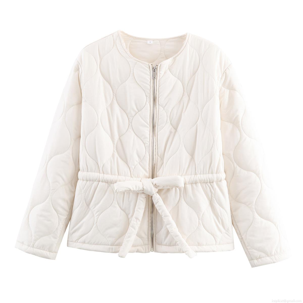 Women's Quilted Puffer Jacket 100% Polyester Round Neck With Waist Belt Casual Long Sleeve Solid Color Warm Outerwear For Women