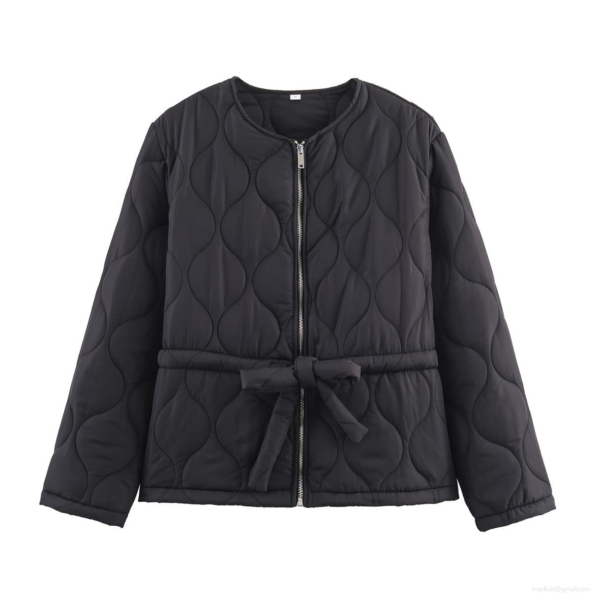Women's Quilted Puffer Jacket 100% Polyester Round Neck With Waist Belt Casual Long Sleeve Solid Color Warm Outerwear For Women