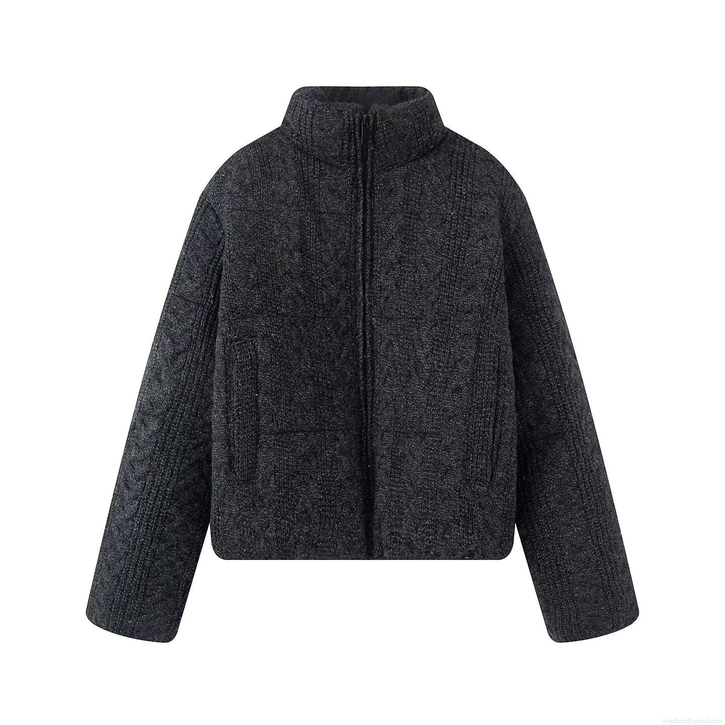 Women's Winter Cable Knit Puffer Jacket Thick Warm Stand Collar Zipper Quilted Outerwear Casual Fashion Knitted Bread Coat Ladies Heavyweight Cotton Padded Jacket