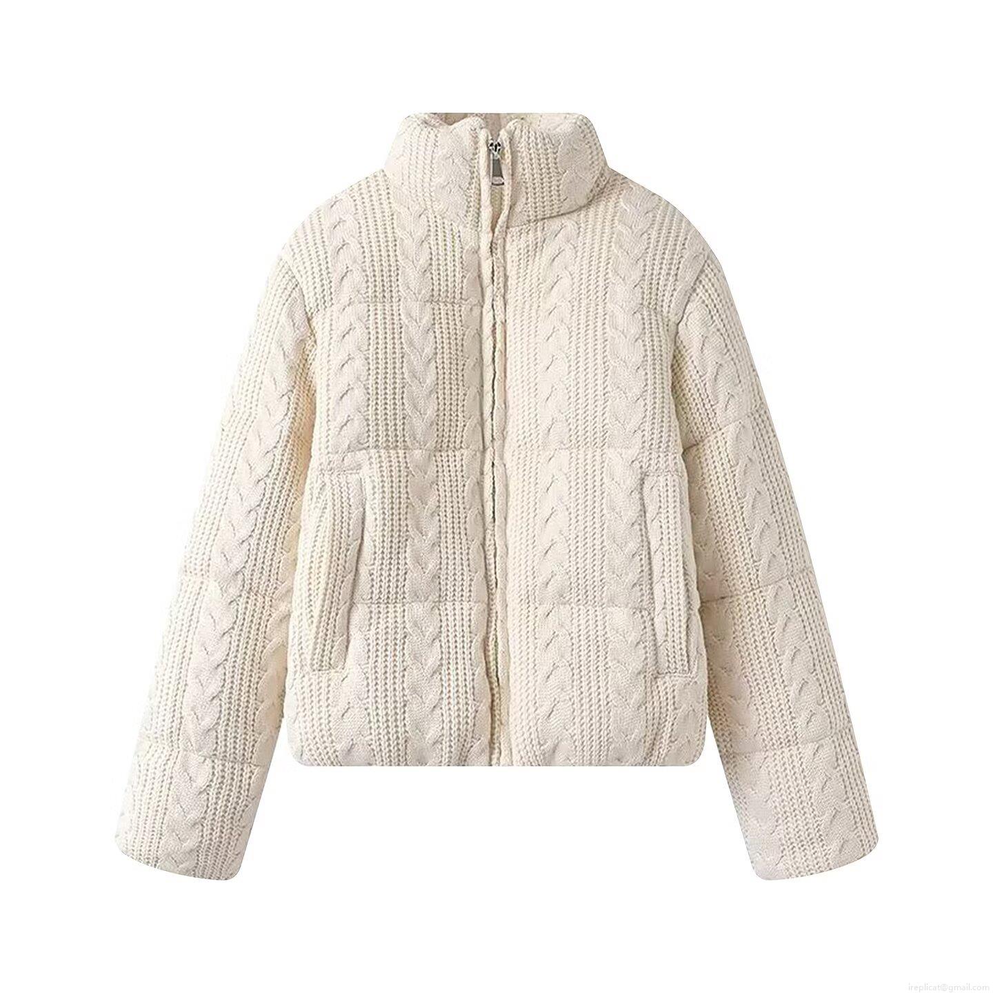 Women's Winter Cable Knit Puffer Jacket Thick Warm Stand Collar Zipper Quilted Outerwear Casual Fashion Knitted Bread Coat Ladies Heavyweight Cotton Padded Jacket
