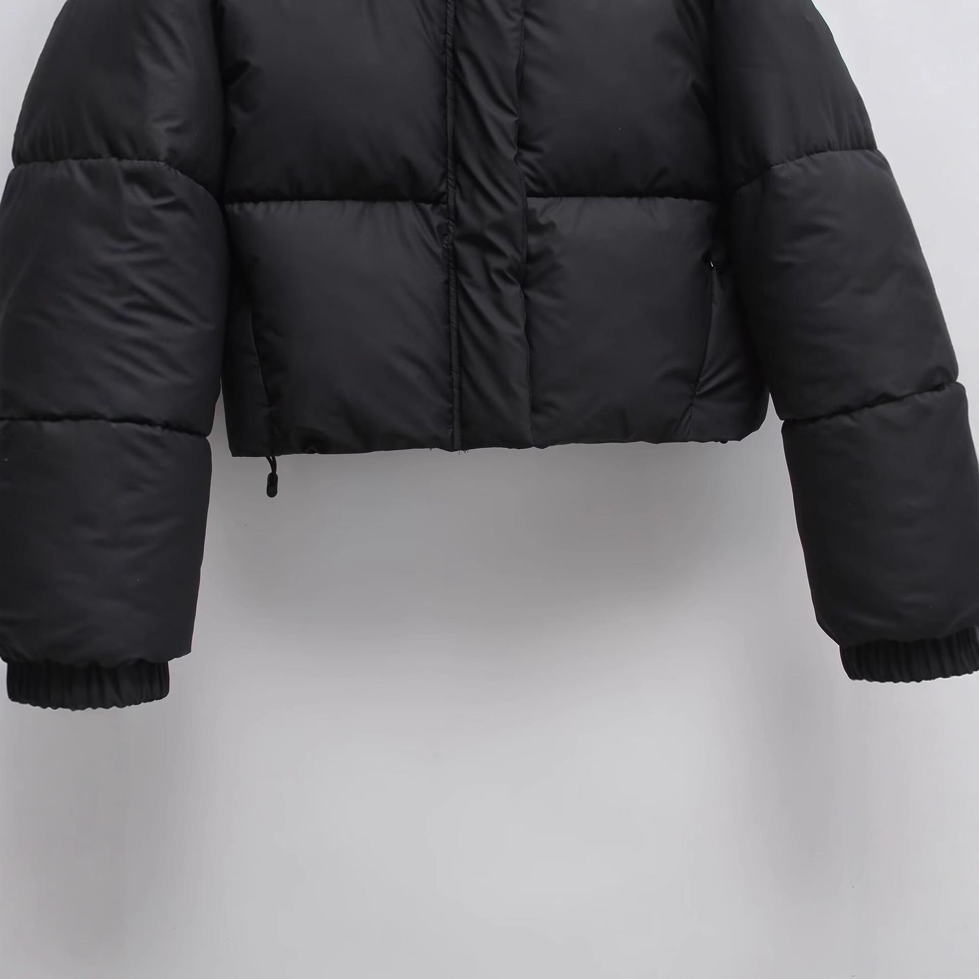 Women's Short Hooded Puffer Jacket Polyester Warm Quilted Windproof Coat For Winter Casual Ladies Solid Black Outerwear