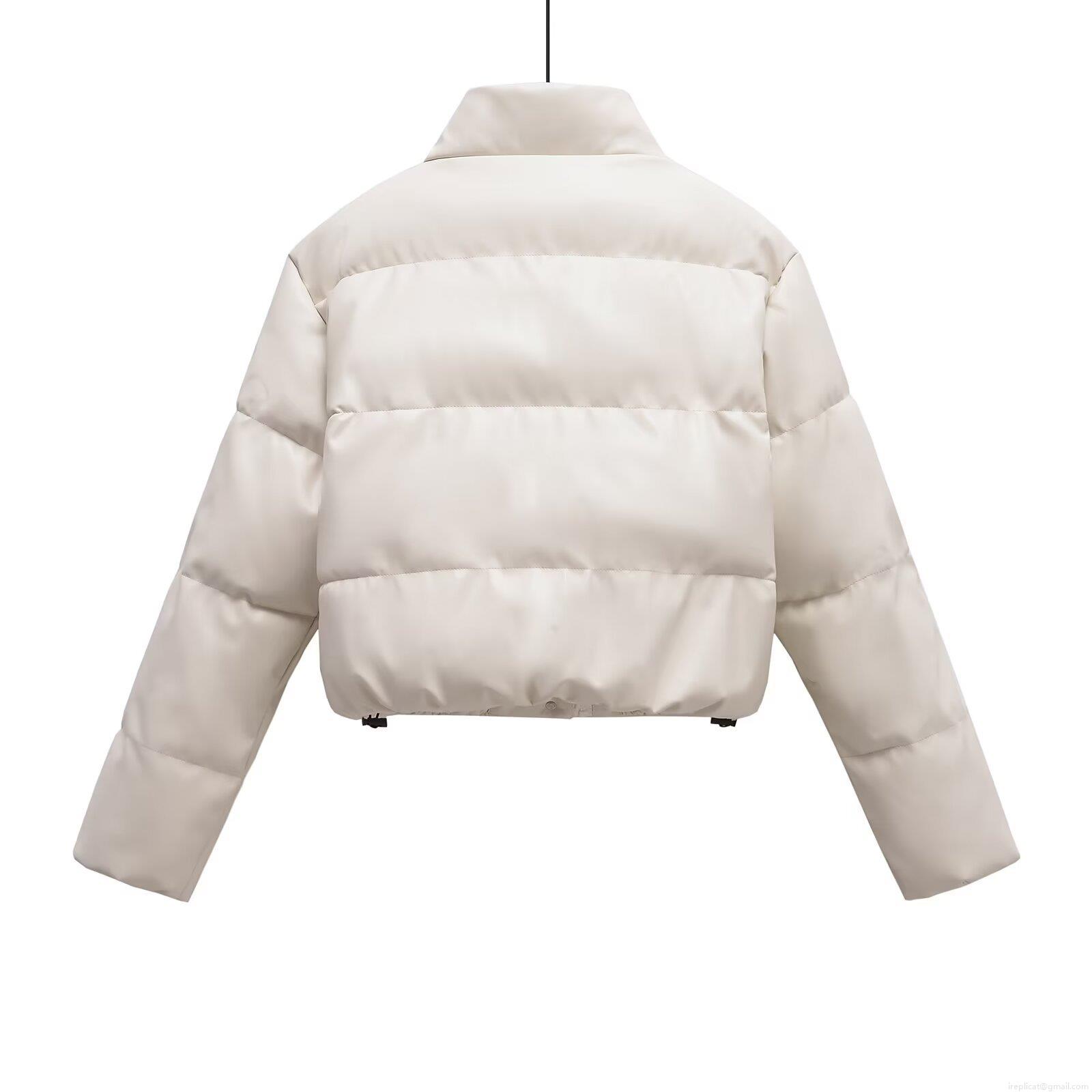 Women's Fashion Short PU Leather Puffer Jacket Winter Warm Faux Leather Quilted Padded Coat With Stand Collar Zip Up Outerwear For Women