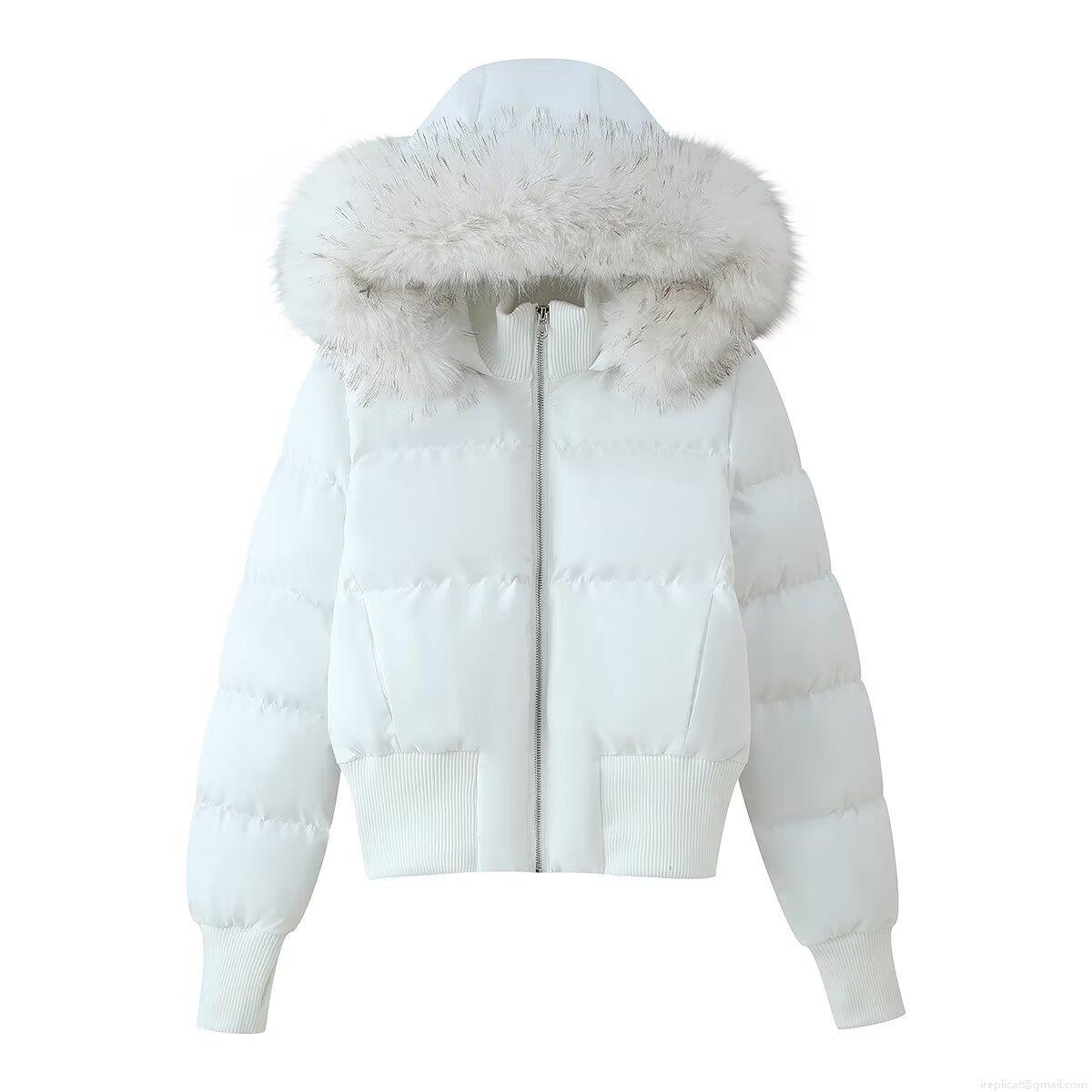 Women's Short Puffer Jacket With Faux Fur Collar Hooded Cotton Padded Winter Coat Windproof Warm Solid Color Outerwear For Ladies