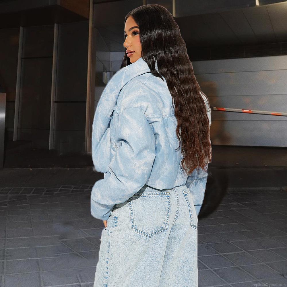 Women's Tie Dye Padded Jacket Scarf Collar Loose Short Cotton Padded Coat Streetwear Light Blue Winter Warm Puffer Outerwear With Pockets Fashion