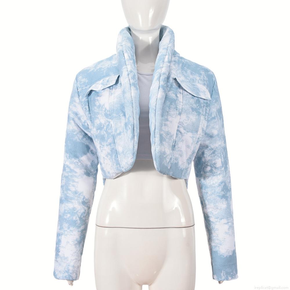 Women's Tie Dye Padded Jacket Scarf Collar Loose Short Cotton Padded Coat Streetwear Light Blue Winter Warm Puffer Outerwear With Pockets Fashion