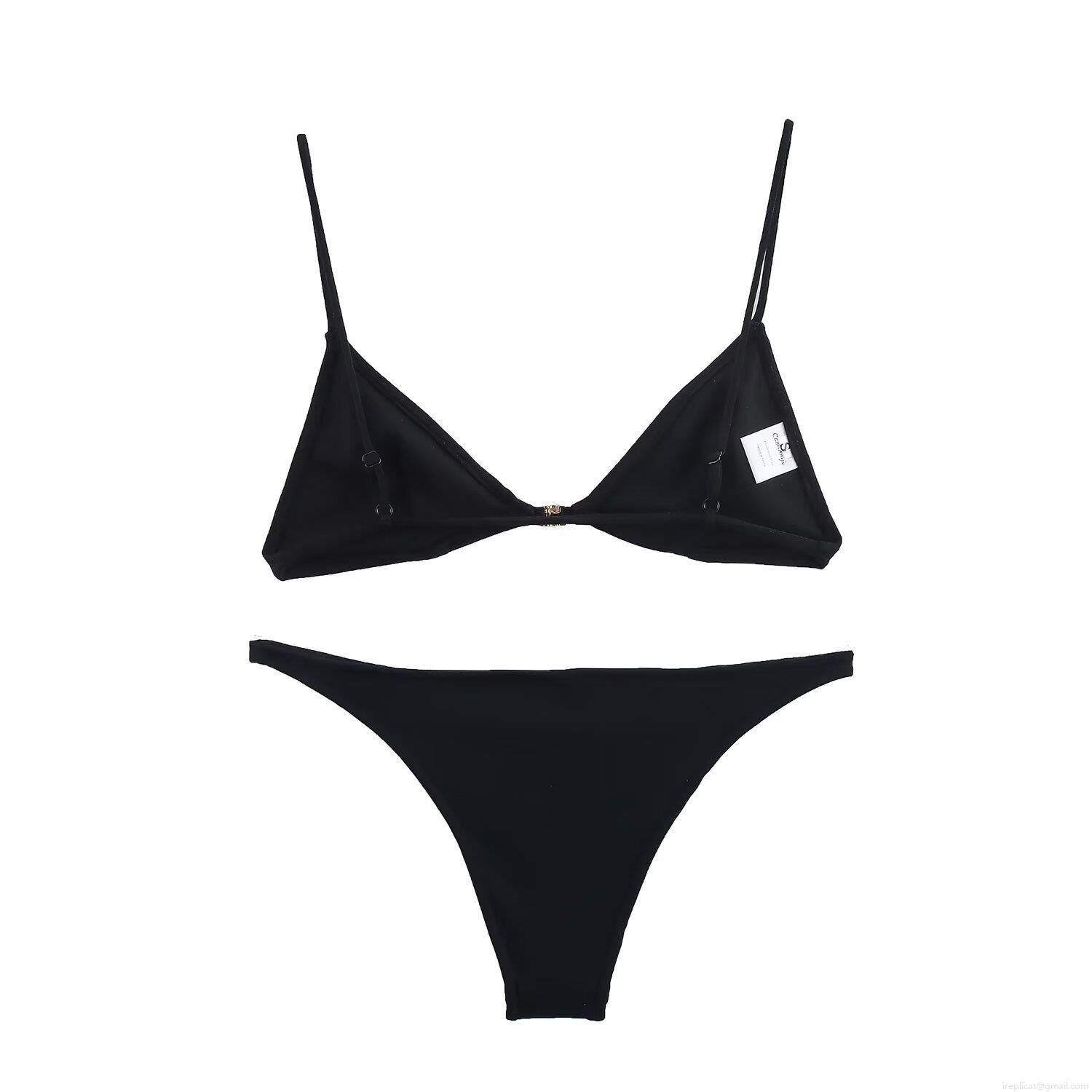 Women's Sexy Black Bikini Set Backless Camisole Top And Triangle Briefs Two Piece Set With Gold Metal Buckle Detail Polyester Swimsuit For Beach Vacation Street Style