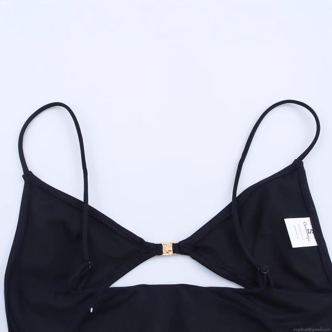Women's Sexy Black Bikini Set Backless Camisole Top And Triangle Briefs Two Piece Set With Gold Metal Buckle Detail Polyester Swimsuit For Beach Vacation Street Style