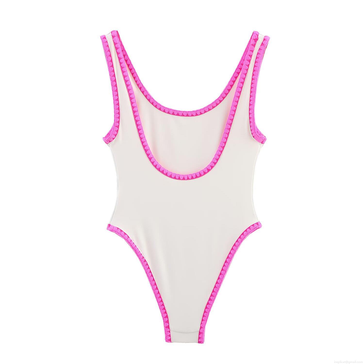 Women's One Piece Swimsuit Bodysuit With Pink Crochet Wavy Trim U Neck Backless Strappy Slim Fit Polyester Swimwear For Beach Vacation