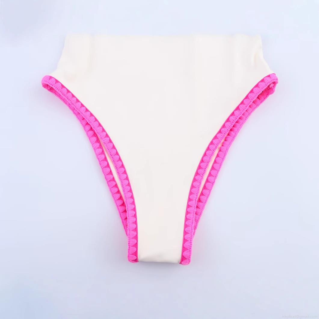 Women's One Piece Swimsuit Bodysuit With Pink Crochet Wavy Trim U Neck Backless Strappy Slim Fit Polyester Swimwear For Beach Vacation