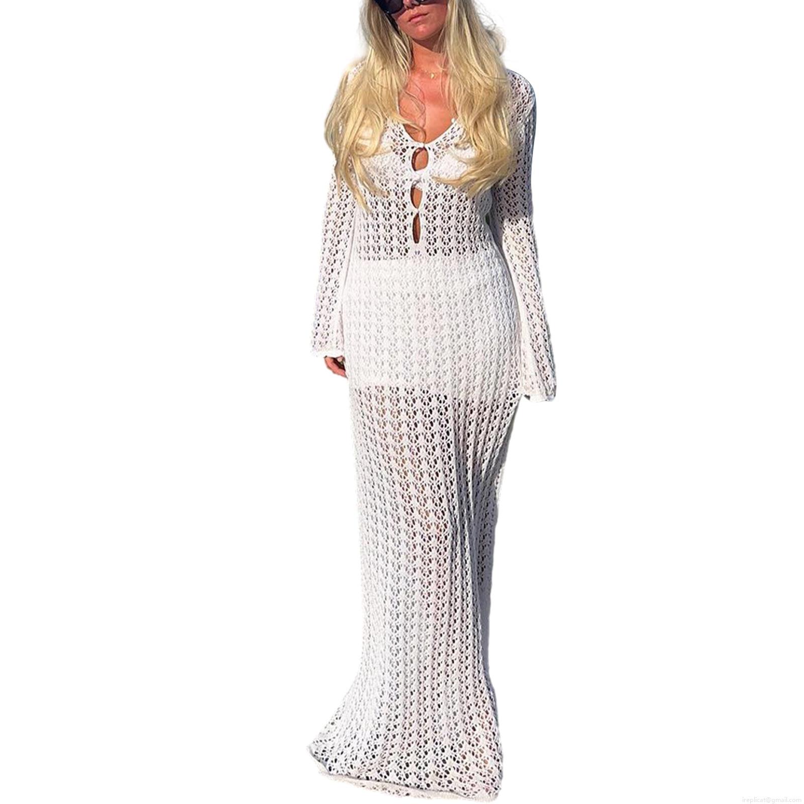 Women's Sexy Crochet Hollow Out Beach Cover-Up Dress Solid Color V-Neck Long Sleeve Maxi Sunscreen Knit Swimsuit Coverup With Pearl Buttons Vacation Holiday Summerwear