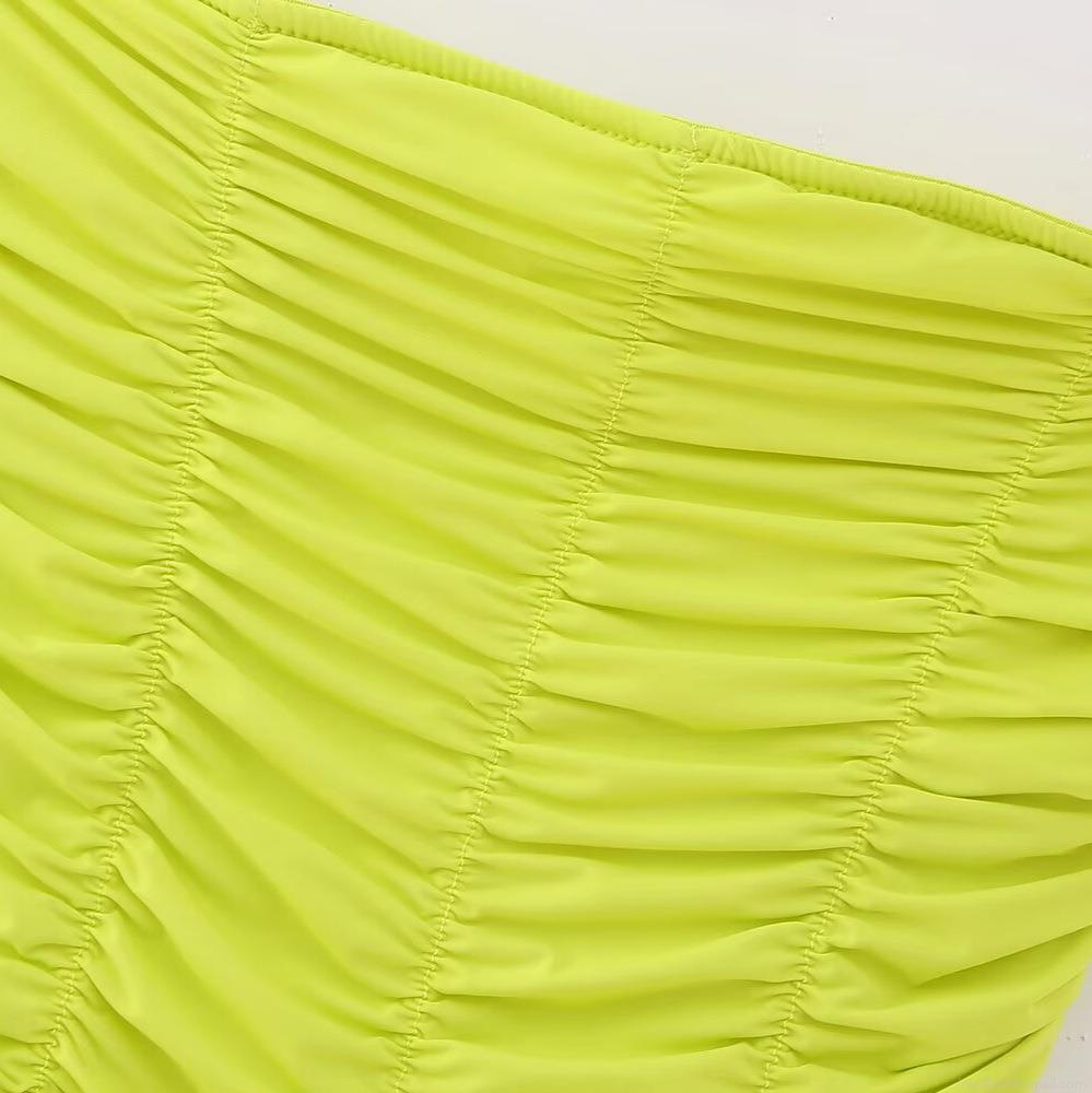 Women Sexy One Piece Swimsuit Neon Green Ruched Backless Strapless Tube Top 100% Polyester Bodysuit For Summer Beach Pool Party Vacation