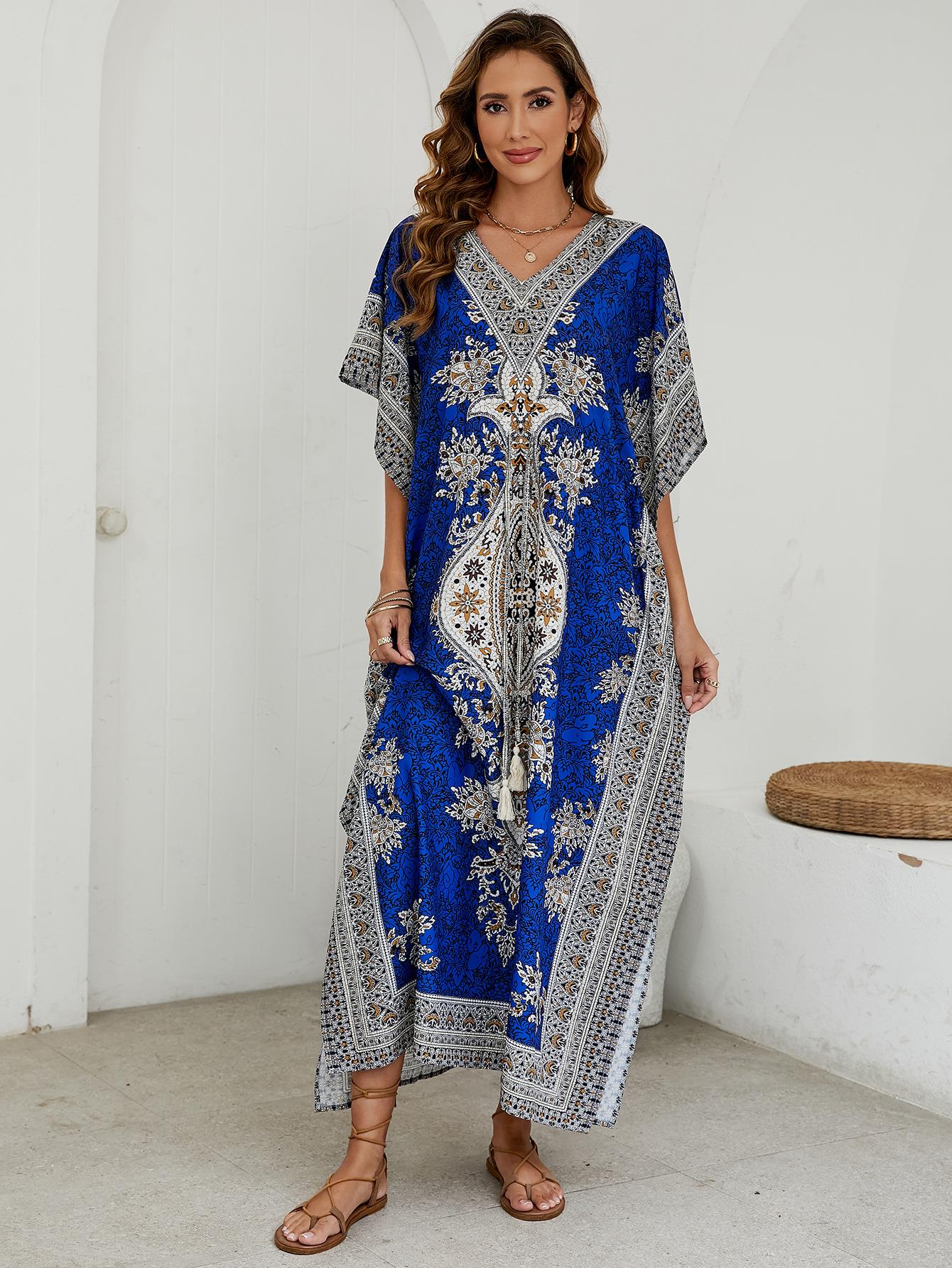 Women's Bohemian Print V-Neck Maxi Kaftan Dress With Waist Drawstring Ethnic Beach Cover-Up Summer Resort Wear One Size