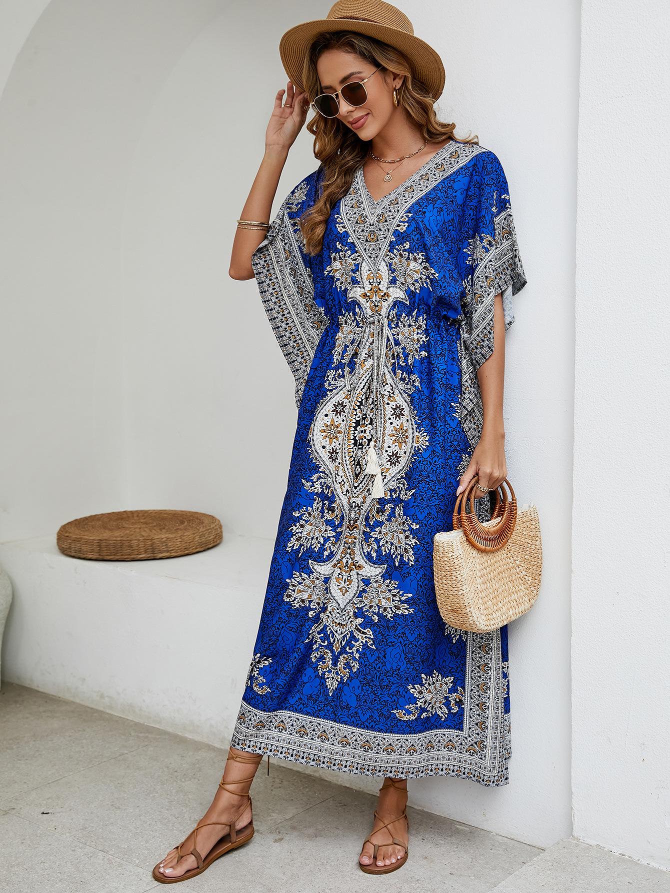 Women's Bohemian Print V-Neck Maxi Kaftan Dress With Waist Drawstring Ethnic Beach Cover-Up Summer Resort Wear One Size
